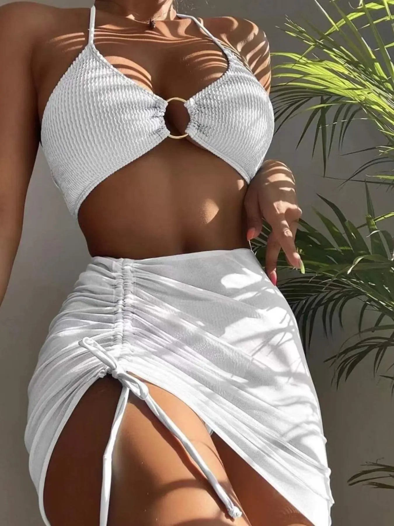 Women'S Ring-Linked Halter Bikini Top, Drawstring Skirt & High Cut Bottom 3-Piece Bikini Swimsuit Set Halter Neck Swimwear Bikini Sets Swimsuits Summer