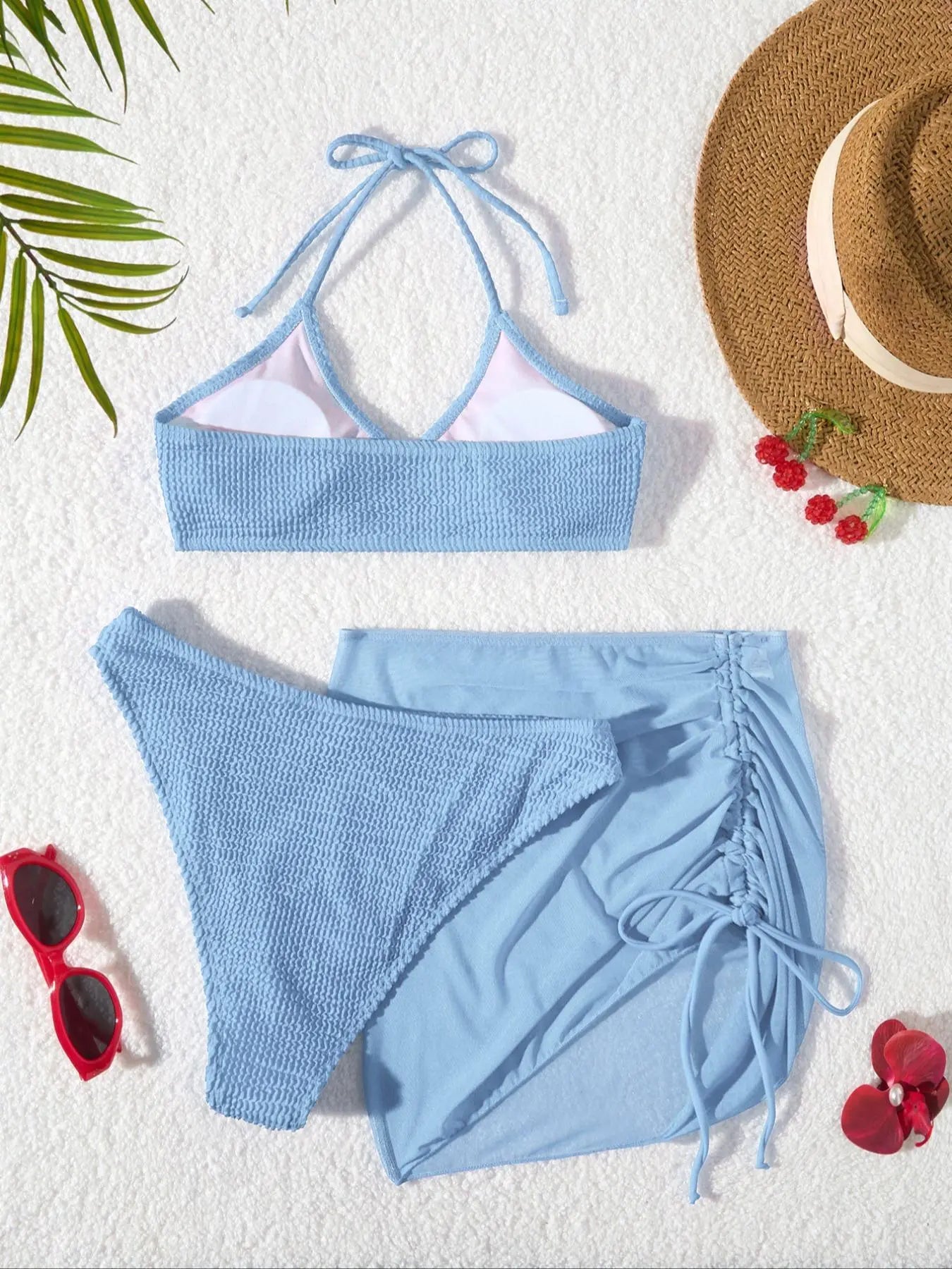 Women'S Ring-Linked Halter Bikini Top, Drawstring Skirt & High Cut Bottom 3-Piece Bikini Swimsuit Set Halter Neck Swimwear Bikini Sets Swimsuits Summer