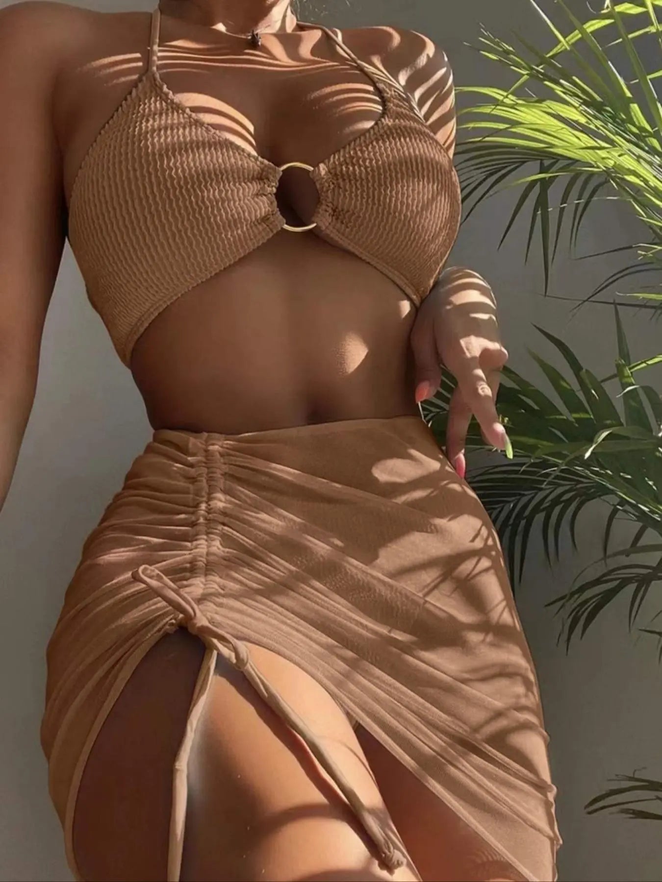 Women'S Ring-Linked Halter Bikini Top, Drawstring Skirt & High Cut Bottom 3-Piece Bikini Swimsuit Set Halter Neck Swimwear Bikini Sets Swimsuits Summer