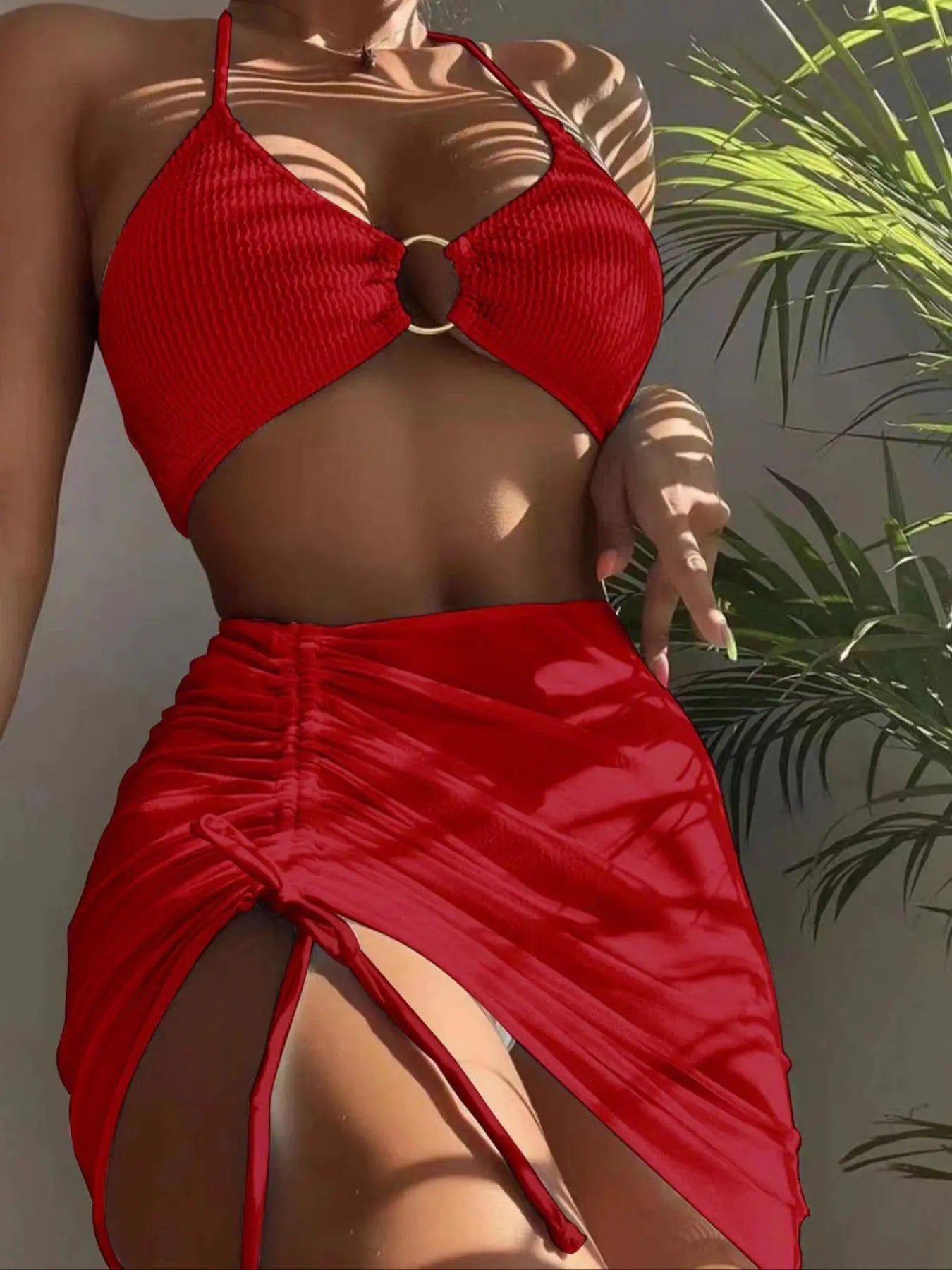 Women'S Ring-Linked Halter Bikini Top, Drawstring Skirt & High Cut Bottom 3-Piece Bikini Swimsuit Set Halter Neck Swimwear Bikini Sets Swimsuits Summer